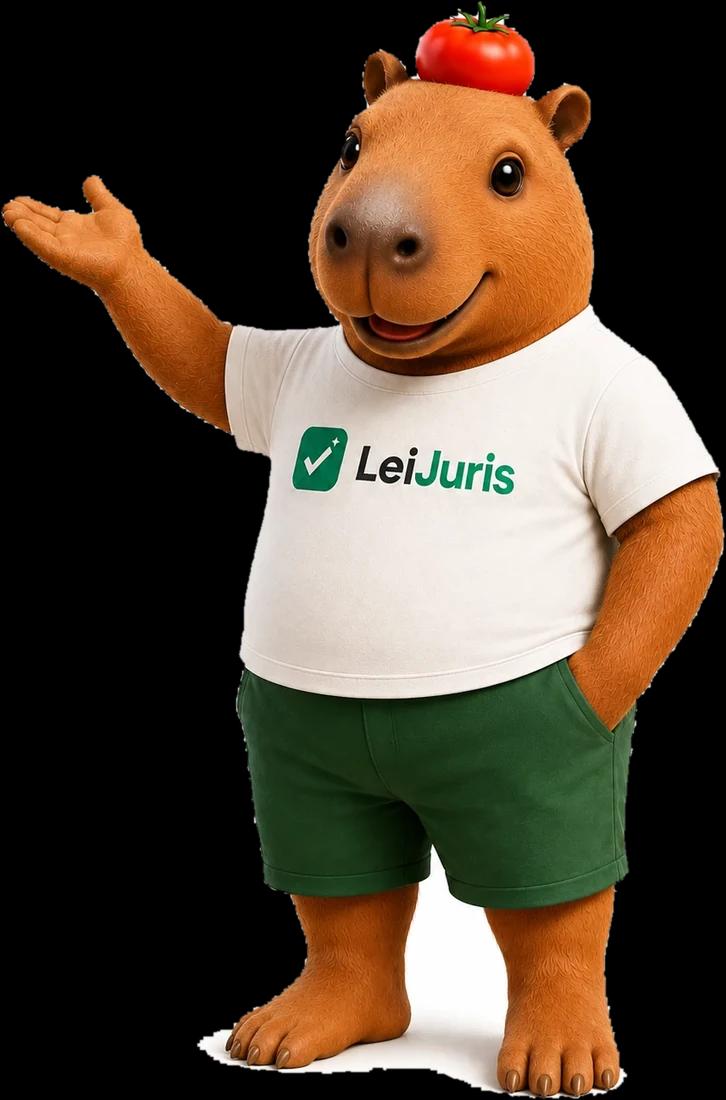 Severino, o mascote capivara do LeiJuris, de camiseta com o logotipo e bermuda verde, apresentando a plataforma